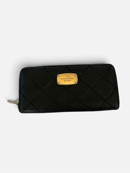 Michael Kors Handbags - Michael Kors Black Quilted Zip-Around Wallet with Gold Plate